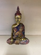 Decoratieve Boeddha zittend - meerkleurig + goud - hoogte 16 cm x 10 x 9 cm - polyresin - Woonaccessoires