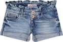 Blauwe denim shorts met ruches tailleband, knoopsluiting en opgerolde broekspijpen.