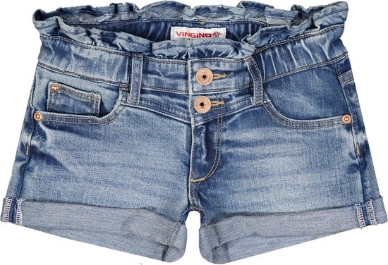 Blauwe denim shorts met ruches tailleband, knoopsluiting en opgerolde broekspijpen.