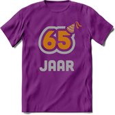 65 Jaar Feest T-Shirt | Goud - Zilver | Grappig Verjaardag Cadeau Shirt | Dames - Heren - Unisex | Tshirt Kleding Kado | - Paars - M