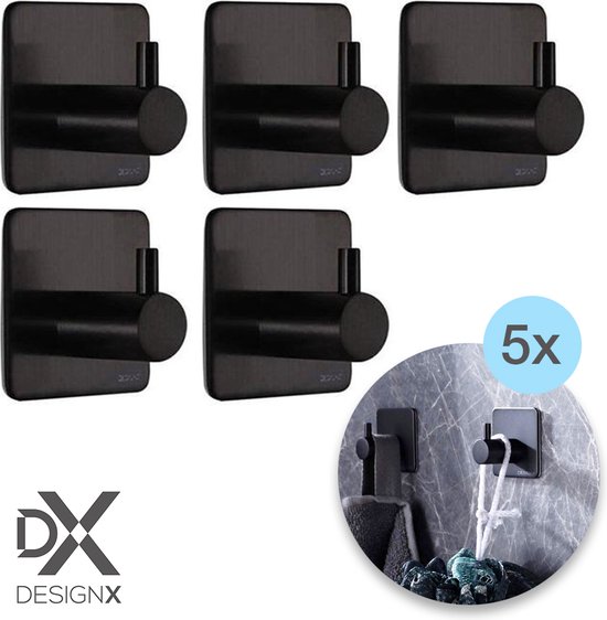 DesignX 3M™ Handdoekhaakjes Zwart Mat (5-stuks) Zelfklevend - Wandhaak - Ophanghaken - Plakhaakjes - Haakjes - Badkamer - Keuken