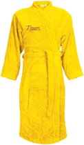 Badjas geel kleur van badstof voor dames / heren / unisex geborduurd met naam cadeau voor hem of haar, valentijn, huwelijk, verjaardag, jubileum, mama, papa, opa, oma, moeder maat
