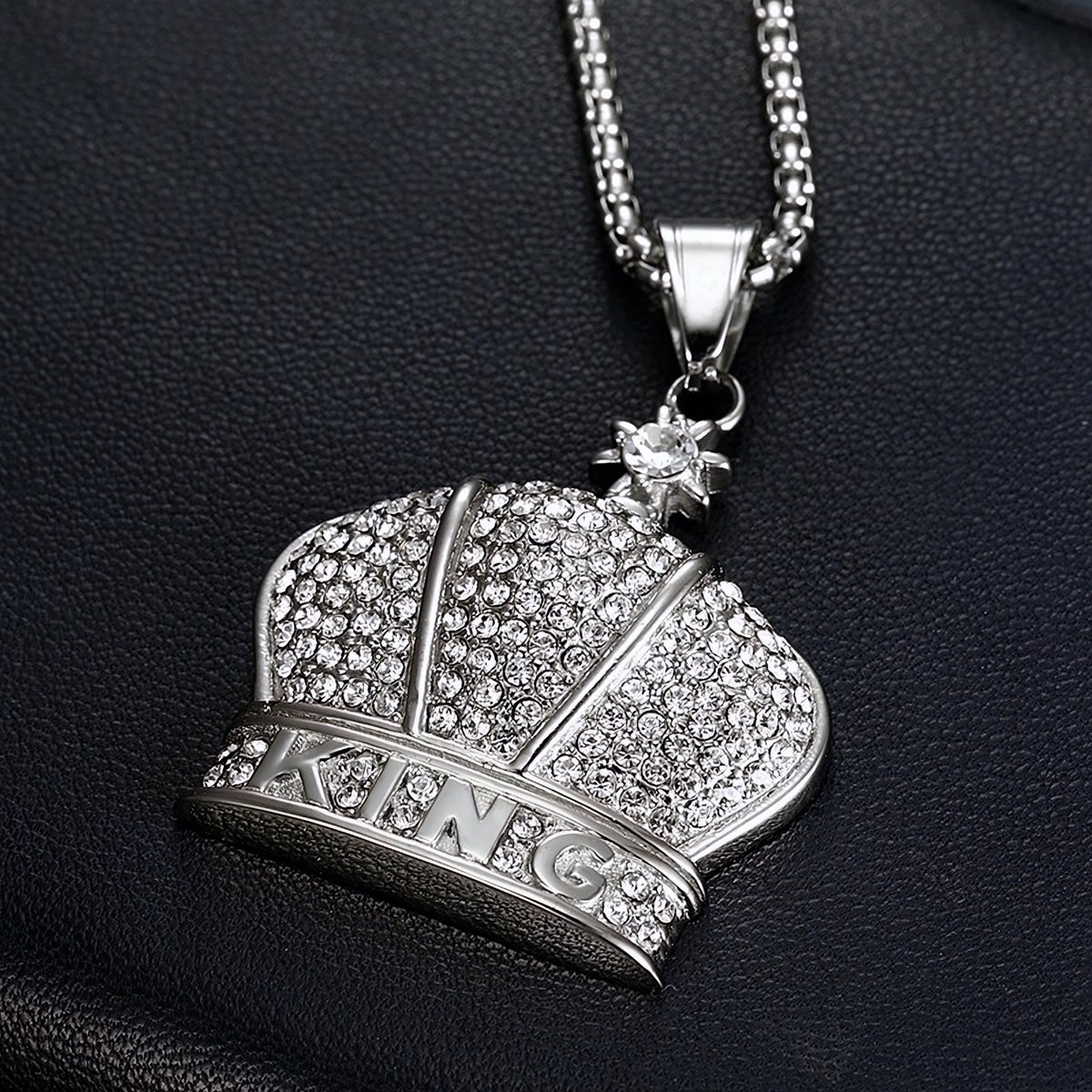 ICYBOY 18K Klassieke Stalen Ketting met Kroon Pendant Verguld Zilver [KING] [SILVER-PLATED] Stainless Steel Crown Necklace Silver Plated Crystal Crown Necklace