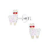 Joy|S - Zilveren Alpaca Lama oorbellen - 6 x 8 mm - glitter wit met rode hartjes bril