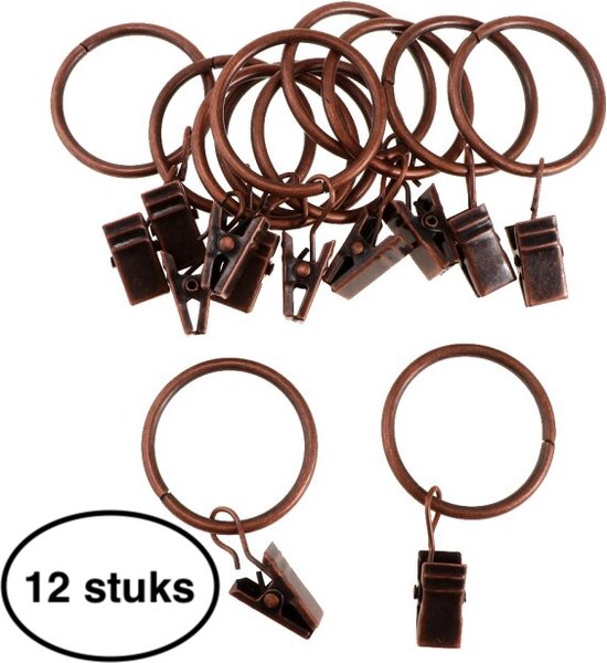 12 gordijnhaken met ring 25mm - Gordijnclips - gordijn haak - Gordijnklemmen - Koper Kleurig