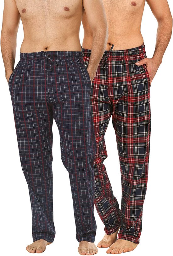 Pyjama Heren - Broek - 2 Pack - Navy / Bordeaux Geruit - L - Pyama Heren Volwassenen - Pyjamabroek Heren - Pyamabroek Heren