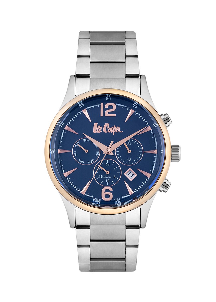 Lee Cooper LC06724.590 - Horloge - Analoog - Mannen - Heren - stalen band - Zilverkleurig - Rosékleurig - Blauw