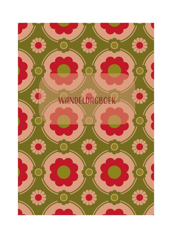 De kaft van een wandel dagboek met een groen, roze en rood bloemenpatroon. Tekst: 'Wandel Dagboek'.