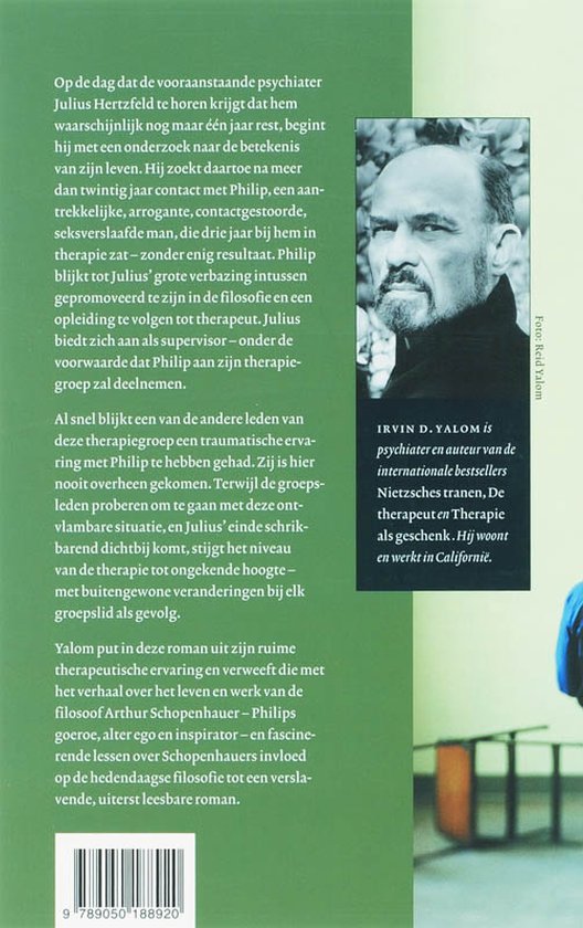 Achterflap van 'De Schopenhauer-kuur' met portret van Irvin D. Yalom.