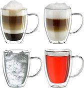 Dubbelwandige Koffieglazen met Oor - 350 ml x 4 stuks - IJskoffie glas - Ice coffee - Dubbelwandige Koffiekopjes - Theeglazen - Dubbelwandige glazen
