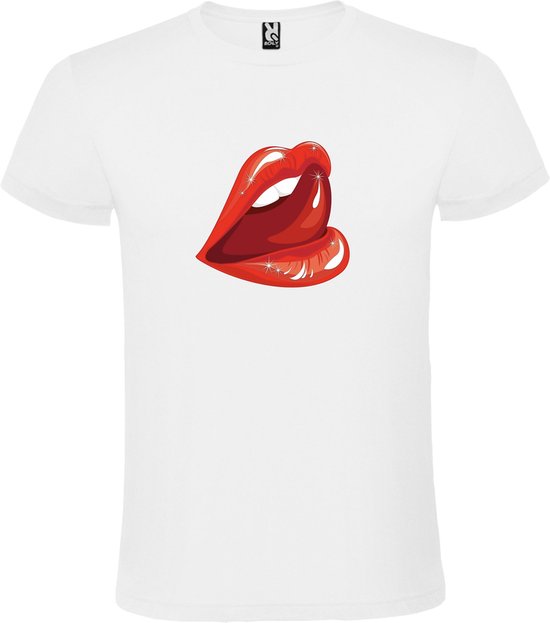 Wit t-shirt met Rode Glanzende Lippen met tong groot size XS