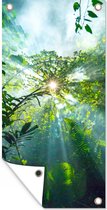 Tuinposter De zon schijnend door de bossen van een regenwoud in Maleisië - 30x60 cm - Tuindoek - Buitenposter