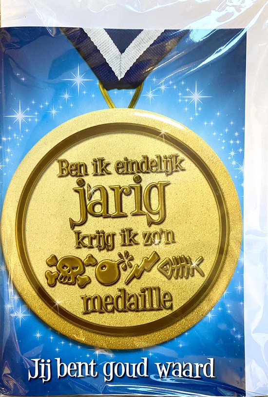 Verjaardagskaart wenskaart medaille met button Ben ik eindelijk jarig, krijg ik zo'n.....medaille