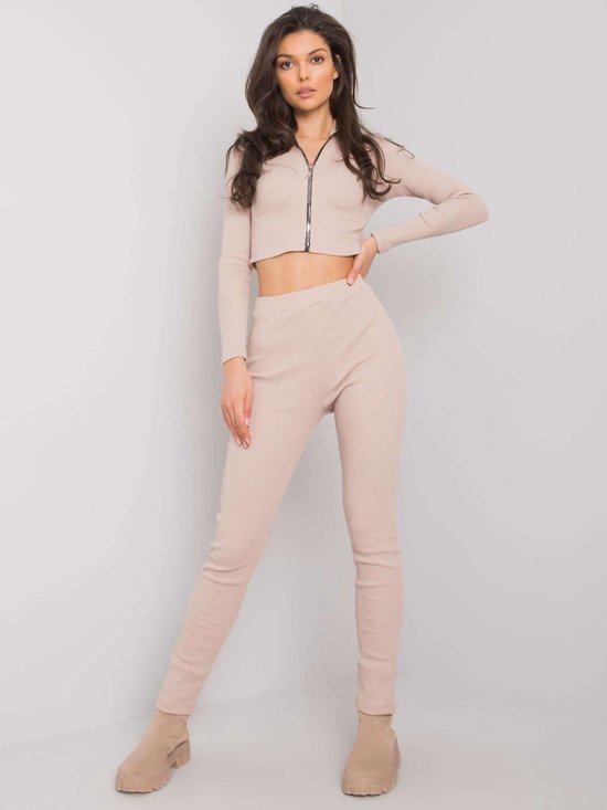 Licht Beige Dames Stretch Trainingspak / Joggingpak met Crop Trui Maat S/M