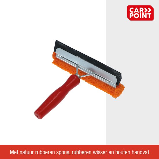 Raamtrekker met oranje spons, zwarte wisser en rood houten handvat. Tekst: CARPOINT.