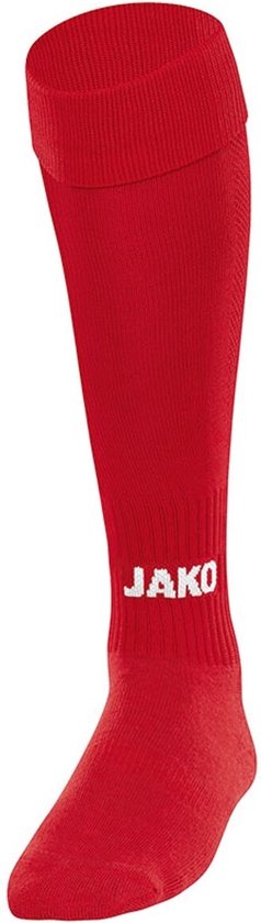 Chaussette de football rouge unique avec logo JAKO blanc et revers rabattu.
