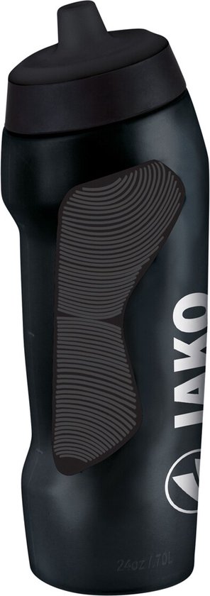 Bouteille d'eau noire Jako avec poignée grise et logo blanc.