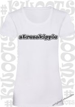 STRESSKIPPIE dames shirt – Wit - korte mouw - Maat L - grappige teksten - quotes - humor - print - tekst shirt