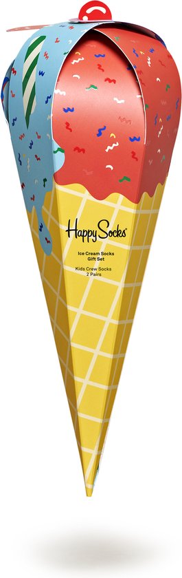 Doosje in de vorm van een ijshoorntje met een rode en blauwe dop, bedrukt met confetti.