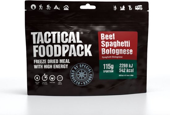 Tactical Foodpack Beef Spaghetti Bolognese (115g) - Spaghetti met rundvlees en tomatensaus - 542kcal - buitensportvoeding - vriesdroogmaaltijd - survival eten - prepper - 8 jaar houdbaar - lunch of avondmaaltijd