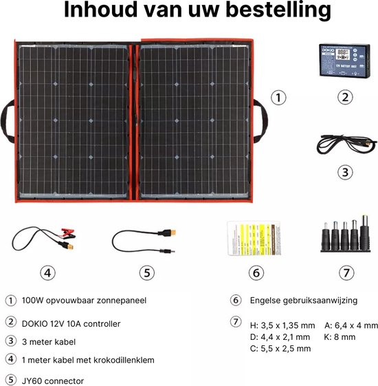 Panneau solaire Dokio® - Ensemble complet de Panneaux solaires Solar - Générateur solaire - Panneau solaire flexible - Banque d'alimentation portable - 100W - Pliable - Zwart/ Rouge