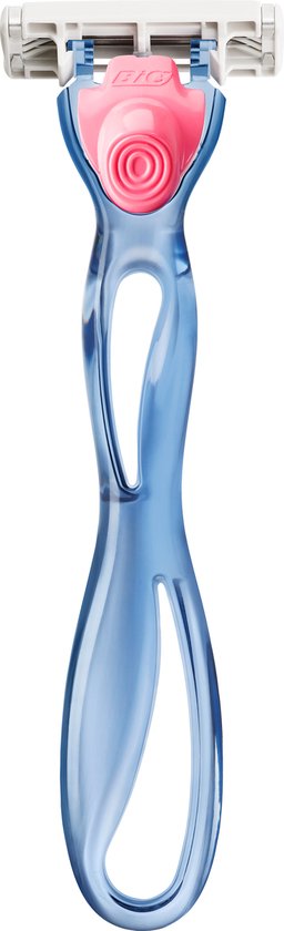 Rasoir bleu avec une tête de rasage rose et un manche profilé.