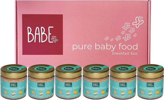 Babe breakfast box met 1 smaak - havermout - kokos - banaan - biologische culinaire babyhapjes vanaf 8 tot 36 maanden - Sunset Sky - 6x200 gram babyvoeding - Winnaar Baby Innovation Award 2022 – Beste babyvoeding 2022