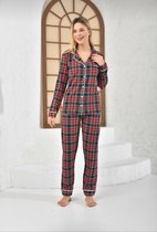 Lycra Katoen Dames Pyjamaset Donkerblauw / Rood Met Geruit Patroon Maat XL