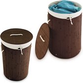 Relaxdays 2x wasmand bamboe - wasbox met deksel - 70 liter - rond - 65 x 41 cm - bruin