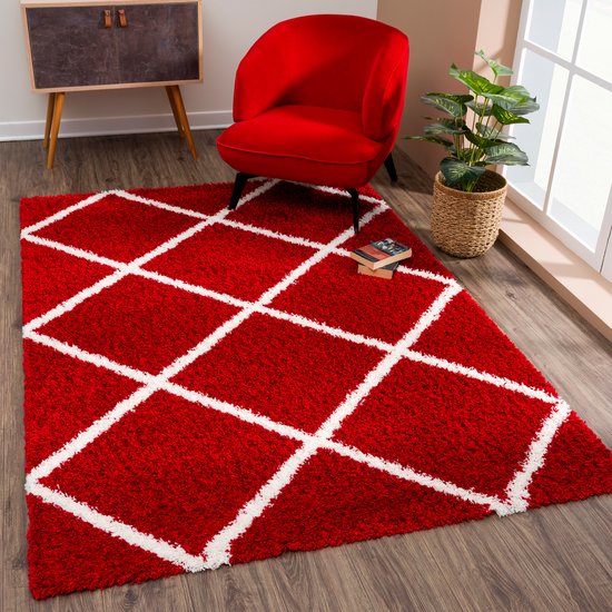 Tapijtenloods Madrid Shaggy Geruit Vloerkleed Rood Creme Hoogpolig- 200x290 CM