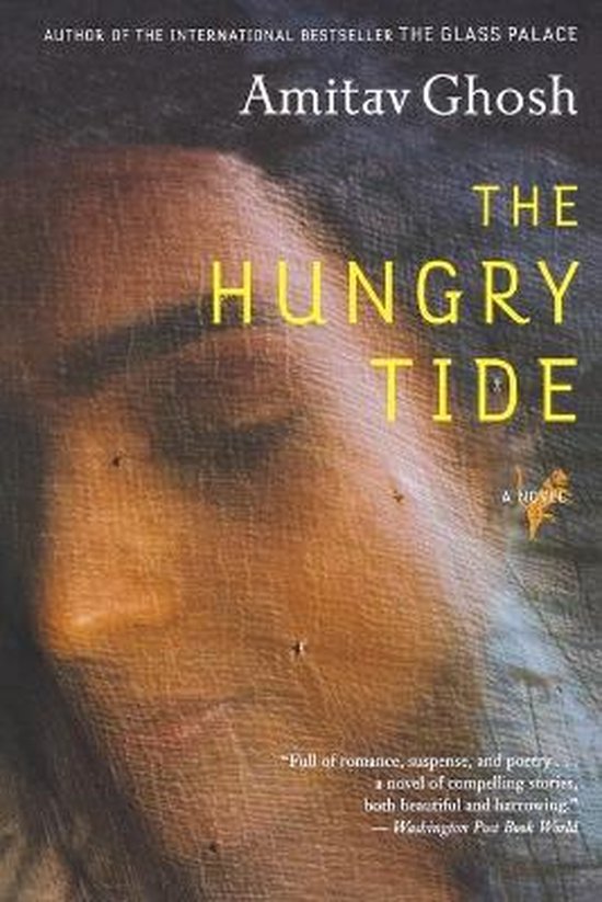 Boekomslag van Amitav Ghosh's The Hungry Tide, met een close-up van een gezicht onder een net.