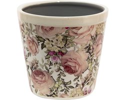 Clayre & Eef Bloempot Ø 15x14 cm Wit Roze Keramiek Bloemen