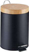 OMID HOME -Stijlvolle prullenbak met bamboe deksel – Zwart / hout – Klein formaat - 3L - badkamer / wc / keuken / kantoor / horeca prullenbak