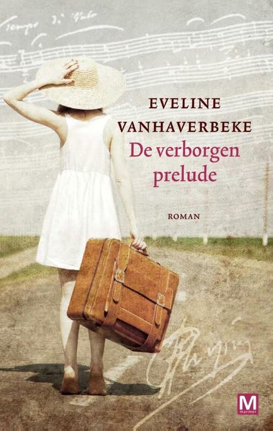 Boekomslag van 'De verborgen prelude' met een meisje in wit jurkje, strooien hoed en koffer.