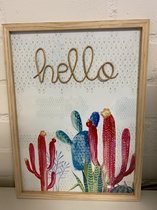 Wanddecoratie bord cactus + gouden HELLO - hout - hoogte 40 x 30 x 1 cm - Woonaccessoires