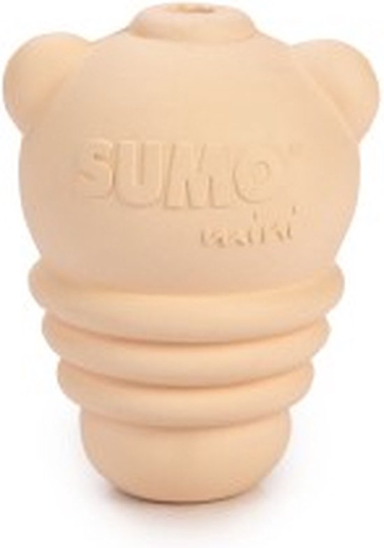 Beige "Sumo mini" rubberen hondenspeeltje, vormgegeven als een gestippeld figuur met oren.