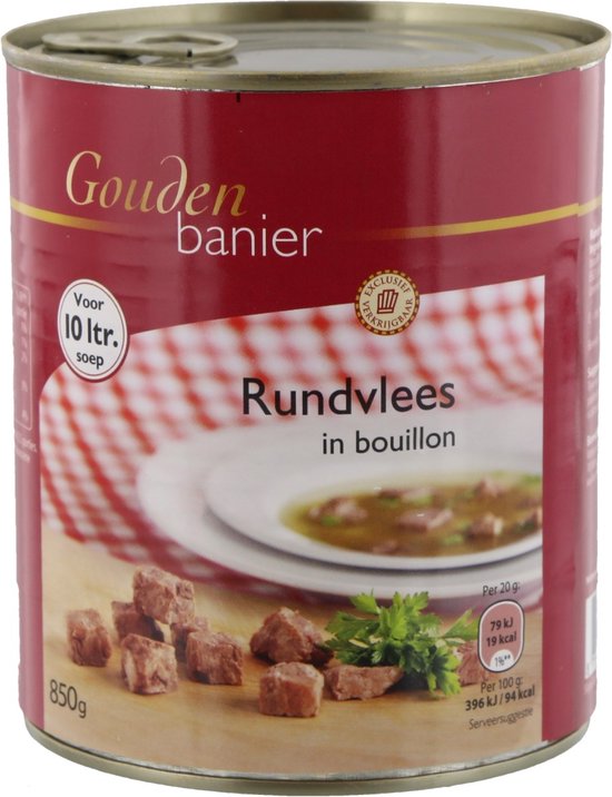 Rundvlees in bouillon XL Blik 850 Gram Merk Gouden Barnier Om 10 liter Soep te maken