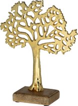Decoratie levensboom van aluminium op houten voet 25 cm goud - Tree of life