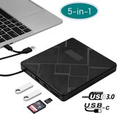 Luxel 5-in-1 - Externe DVD Speler Voor Laptop - Externe CD DVD Speler En Brander - Draagbare DVD speler - Extra USB Poorten - SD & Micro SD Kaartlezer - Zwart