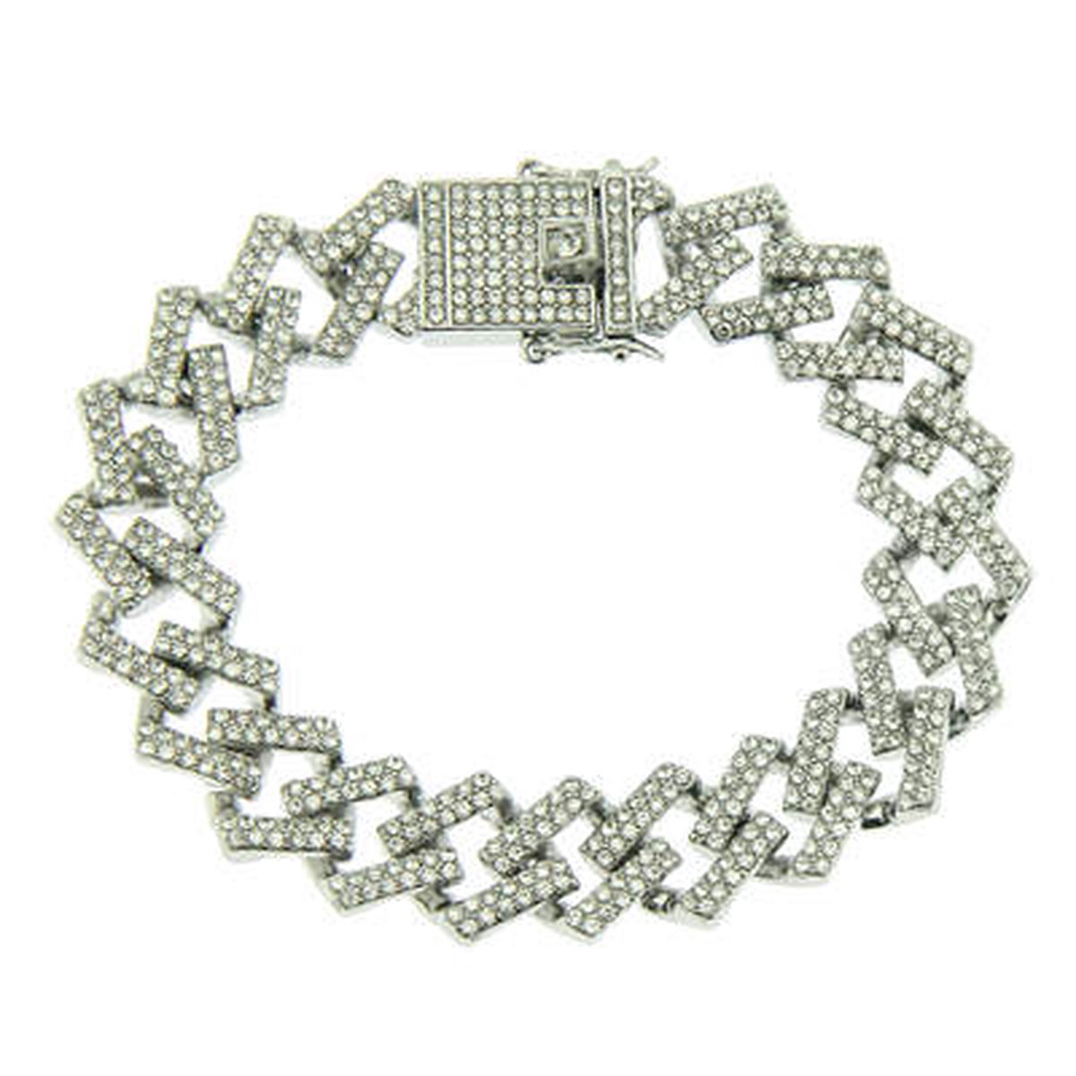 ICYBOY 18K Massieve Miami Heren Vierkantig Armband Verguld Zilver [SILVER-PLATED] [ICED OUT] [21 cm] - Bracelet Square Diamond Cuban Link Chain