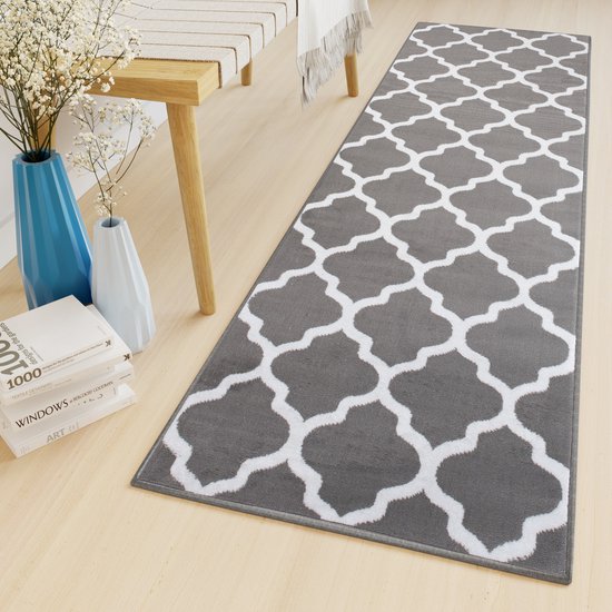 Tapiso Tapis de luxe Grijs marocain en treillis pour couloir, salon, taille 70 x 650