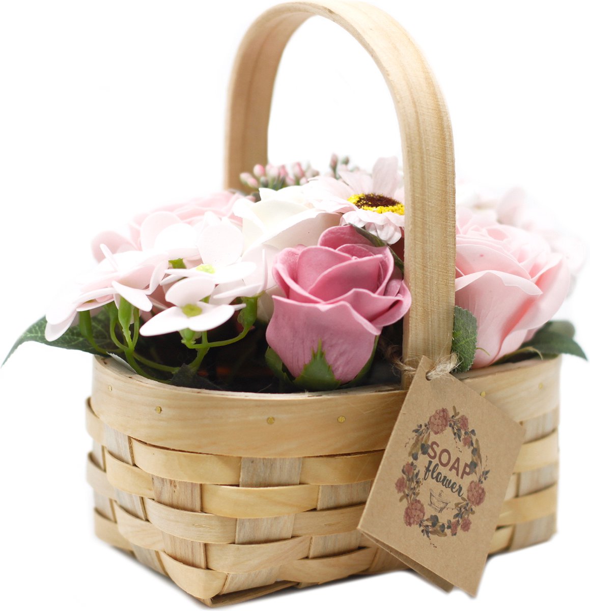 Zeep Bloemen Boeket in Rieten Mand - Roze - Medium - 16x11x12cm