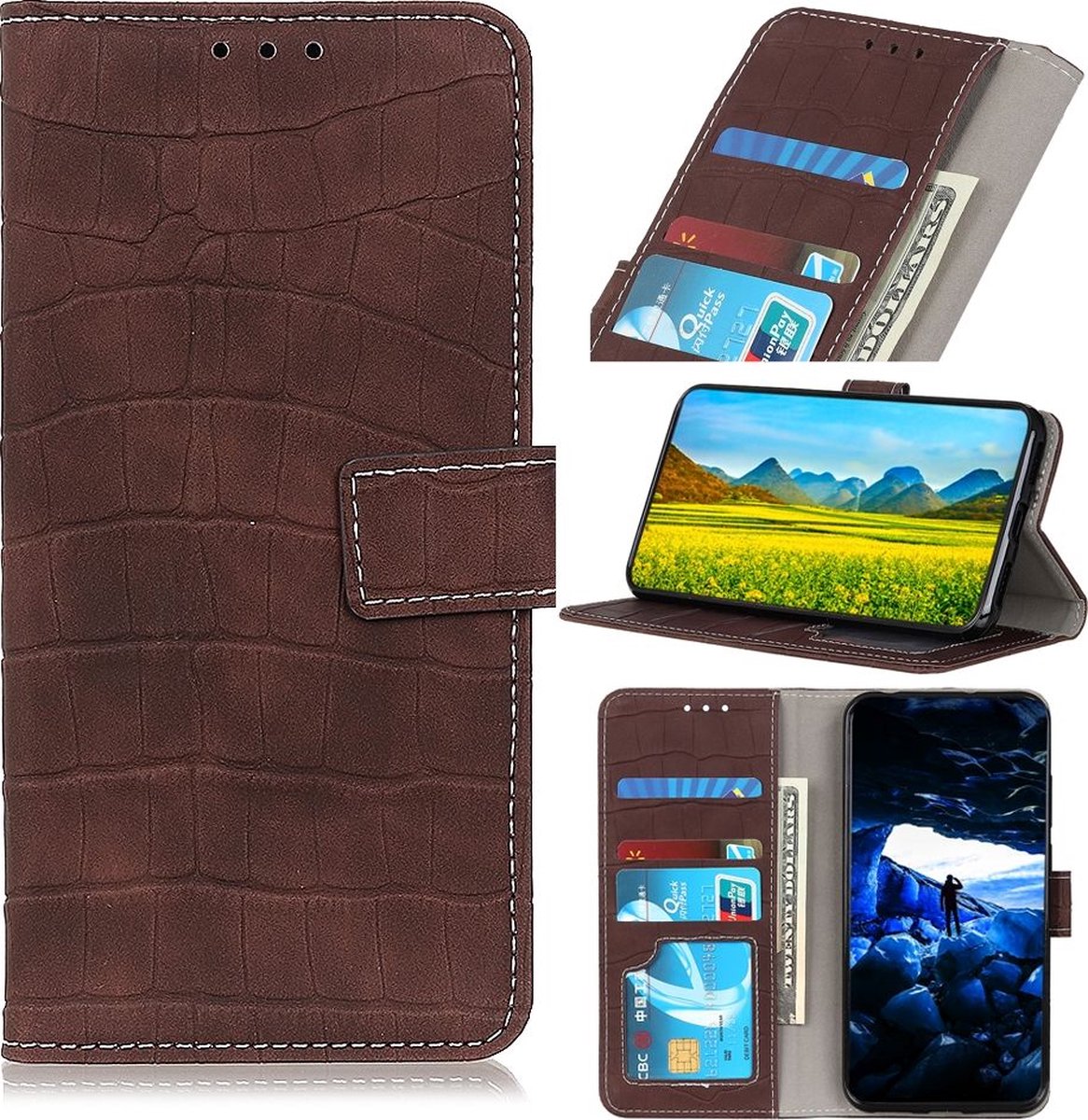 Mobigear Telefoonhoesje geschikt voor Samsung Galaxy A52 Hoesje | Mobigear Croco Bookcase Portemonnee | Pasjeshouder voor 3 Pasjes | Telefoonhoesje voor Pinpas / OV Kaart / Rijbewijs - Bruin