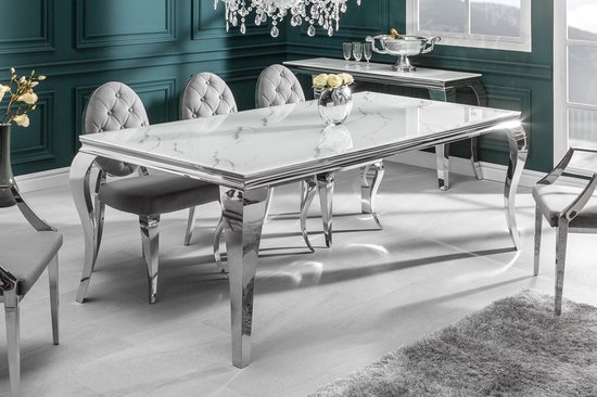 Table à manger élégante MODERN BAROQUE plateau verre 180cm aspect marbre  pieds inox | bol