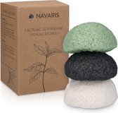 Navaris éponges naturelles de konjac - Set de 3 éponges nettoyantes au bambou et au thé vert - Éponges pour peaux normales et sensibles � Vegan