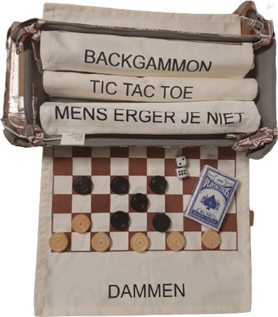 Afbeelding van het spel Dammen Backgammon Tic tac toe Mens erger je niet. Oprolbare speelvelden. 4 spelen in 1. Bordspel vakantie.