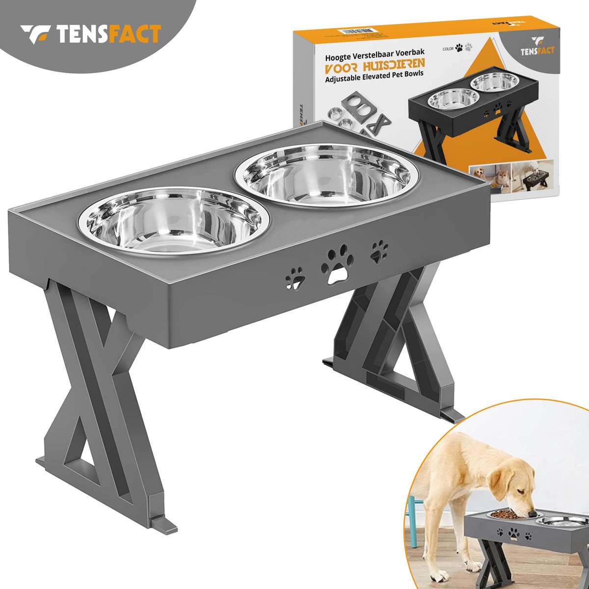Tensfact Voerbak Hond - Dubbele Voerbak voor Honden – Geschikt voor Hondenvoer, Hondensnacks – Grijs