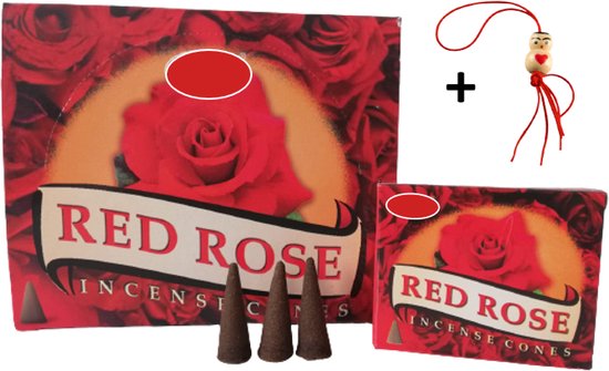 Doos met rode rozenprint, met "RED ROSE INCENSE CONES" tekst en drie wierookkegeltjes. Inclusief gelukspoppetje.