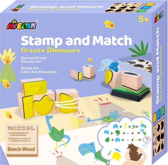 Avenir Stamp Art: MAKE DINOSAURES, avec 15 tampons en bois et 3 tampons encreurs, en boite, 5+