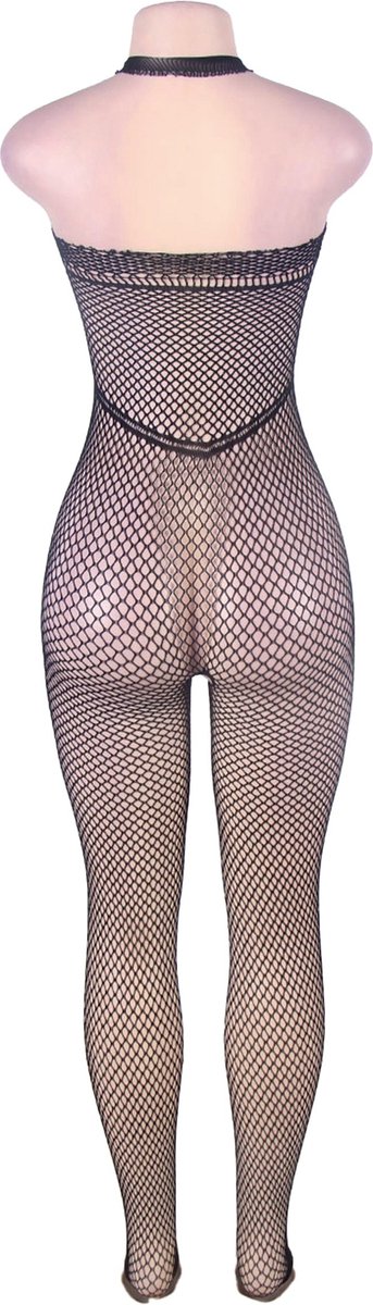 Paris Hollywood H3126 - Erotische Catsuit - Sexy Visnetpatroon met opengewerkte Borst - Zwart - One Size